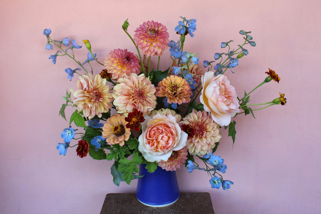 Bouquet of flowers in a blue vase against a pink background featuring garden roses, dahlias, delphinium, and zinnias. 