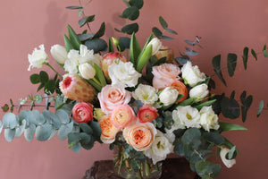 Portland Florist Delivery Plants Local Flower Arrangement Ranunculus Garden Roses Tulips Peach White Eucalyptus Locally Made Anniversary Sympathy Birthday Congratulations Congrats Valentine's Day